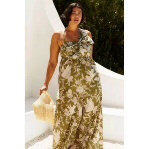 Anthropologie Hutch Olive and Ivory Floral Jumpsuit, Large Bow Detail, Size XL